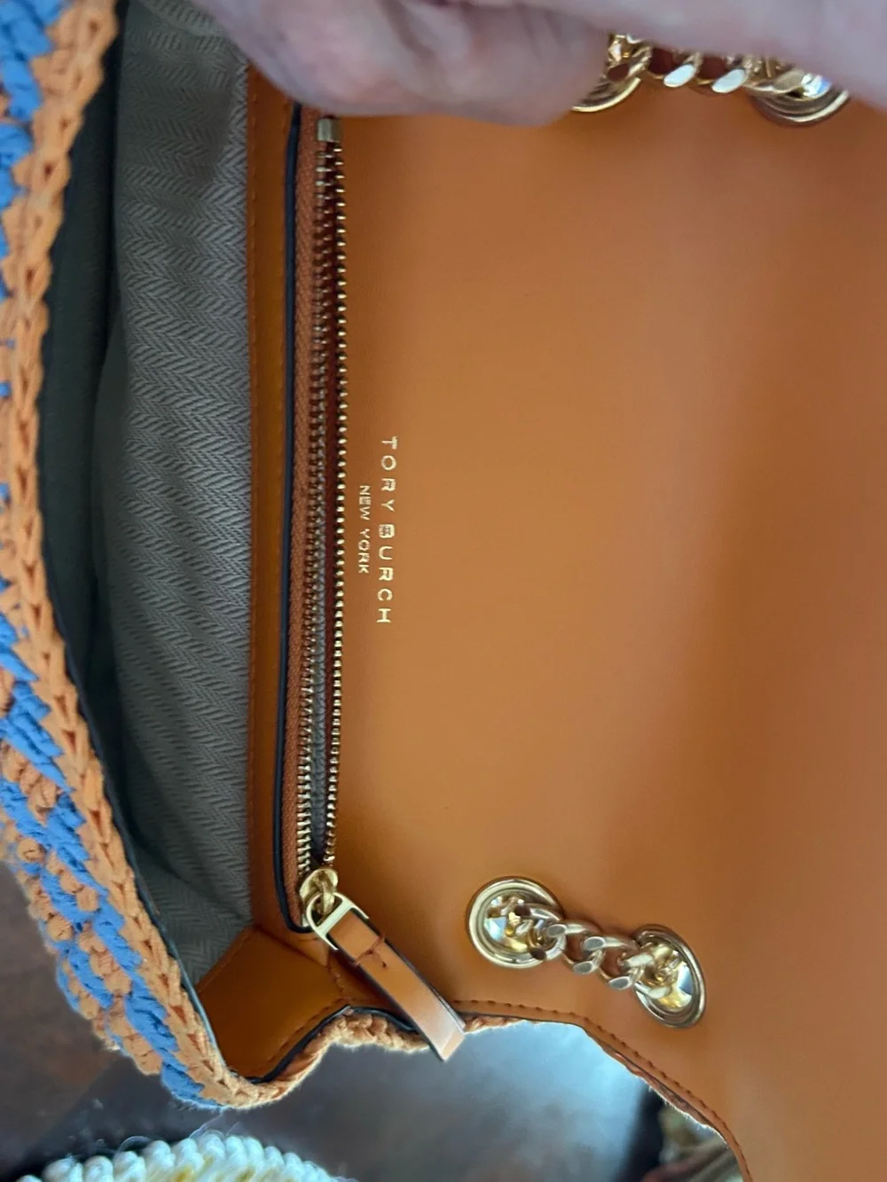 Tory Burch Blue and Orange Crochet Chain Shoulder Bag kira